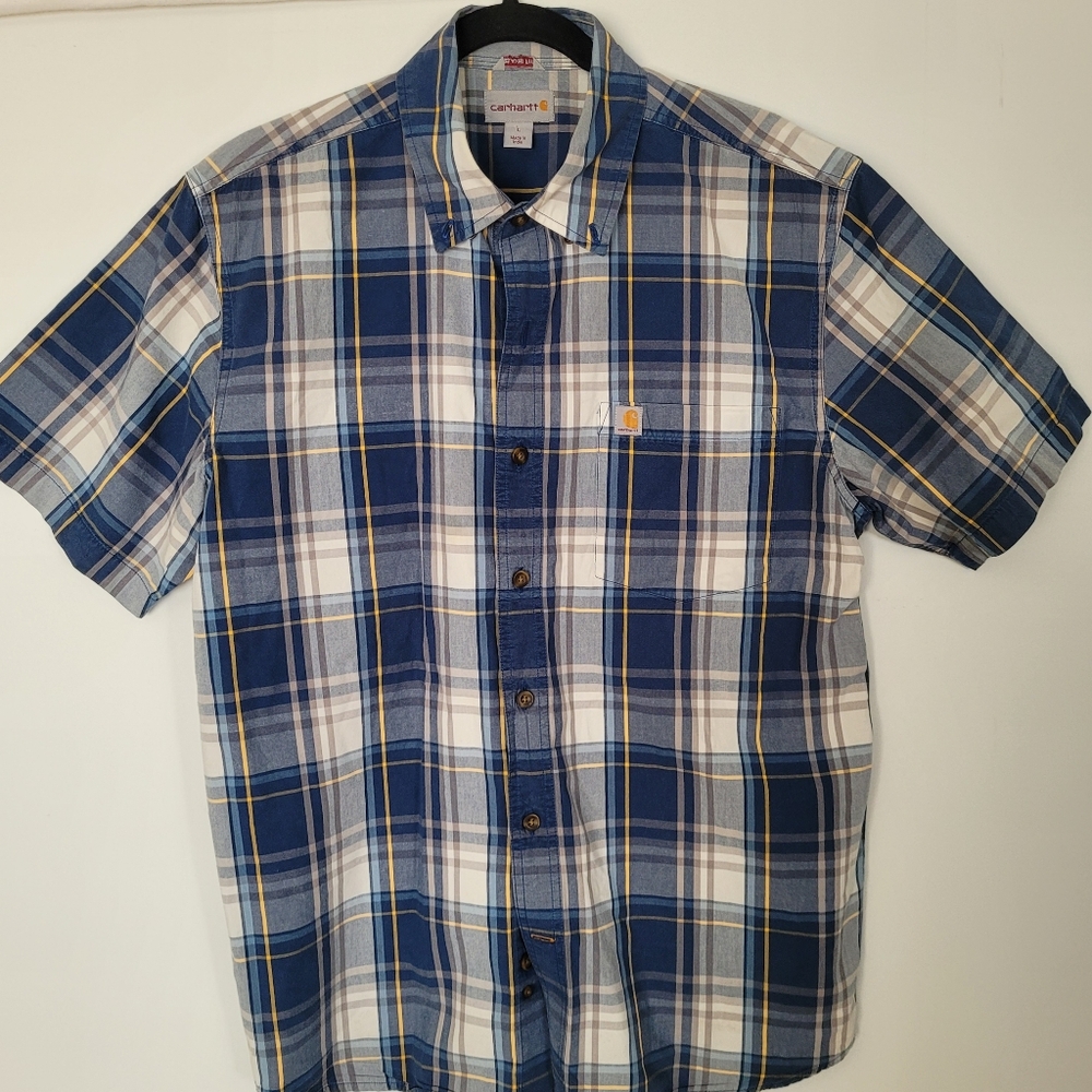 NWOT CARHARTT Mens Shirt Size L Plaid Blue White Camp Relaxed Fit Casual